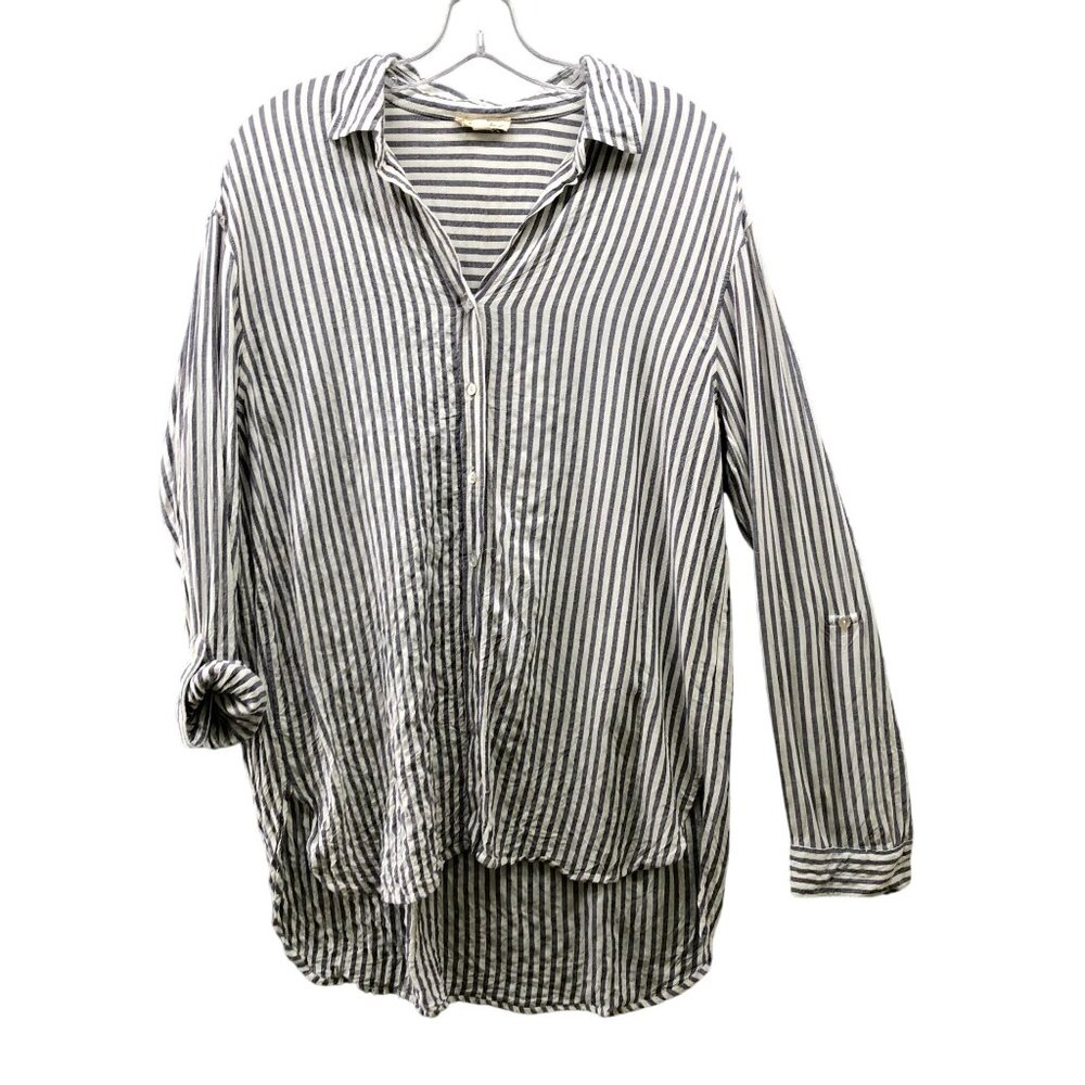 Jane & Delancey Button Down Shirt Womens M Rayon Gray White Striped Roll Tab